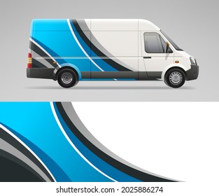 Realistic Van mockup and wrap decal for livery branding design and corporate identity company. Abstract graphic of blue stripes Wrap, sticker and decal design for services van and racing car