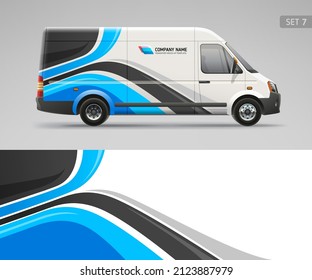 Realistic Van mockup and wrap decal for company branding design and corporate identity company. Abstract graphic of blue stripes Wrap, sticker and decal design for services van and racing car