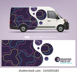 Realistic Van Mock-up and wrap decal for livery branding design and corporate identity company. Abstract purple geometric graphics background. Decal design for services van and delivery car