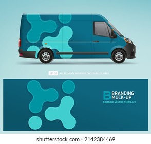 Realistic Van Mock-up and wrap decal for livery branding design and corporate identity company. Abstract blue geometric graphics background. Decal design for services van and racing car