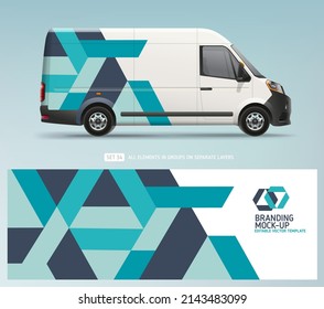 Realistic Van Mock-up and wrap decal for livery branding design and corporate identity company. Abstract blue geometric graphics background. Decal design for company van and racing car