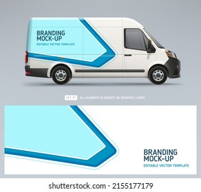  Realistic Van Mock-up and wrap decal for livery branding design and corporate identity company. Abstract blue geometric graphics background. Decal design for corporate car