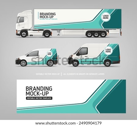 Realistic Van, Truck, Delivery Car mockup with graphics design for branding and corporate identity. Branding vehicle set. Abstract vector graphics for business brand identity on car