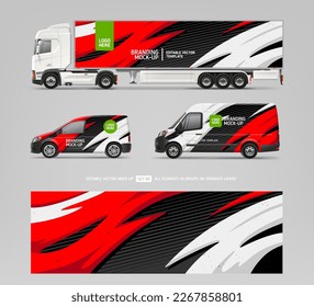 Realistic Van, Truck trailer, Company Car Mock-up set with abstract racing graphics gdecal design - editable vector template
