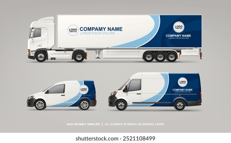 Realistic Van, Truck trailer mockup set with branding design. Abstract graphics of geometric blues decal design for transport. Branding vehicle. Horizontal AD banner. Editable vector template