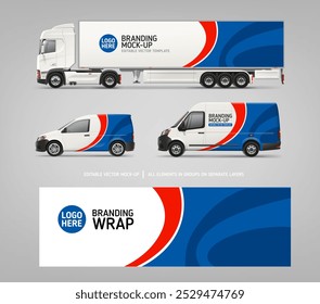 Realistic Van, Truck trailer mockup set with branding design set 18. Abstract graphics of blue and red decal  for brandig transport. Branding vehicle. Horizontal AD banner. Editable vector template