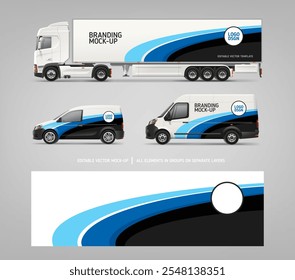 Realistic Van, Truck trailer mockup set with branding design. Abstract graphics of blue stripes decal design for transport. Branding vehicle. Horizontal AD banner. Editable vector template