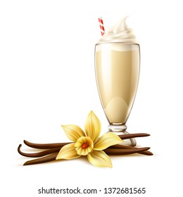 Realistic Vanilla Banana Milkshake Cocktail With Whipped Cream And Straw In Glass With Yellow Vanilla Orhid Flower, Dried Pod Bean Sticks. Fresh Cold Drink For Summer Product Package Vector Design.