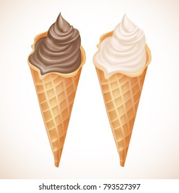 Realistic vanilla and chocolate ice cream. Fresh and delicious dessert. Milk product.
