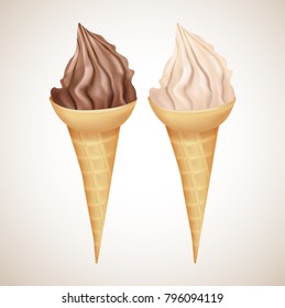 Realistic vanilla and chocolate ice cream in the waffle cone. Fresh and delicous dessert. Milk product.