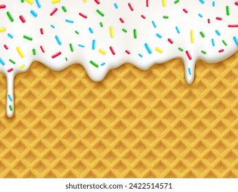 Realistic vanilla ice cream melting drip with candy sprinkles on wafer, vector background. Waffle with sweet milky syrup or ice cream melt with rainbow sprinkles for candy or ice cream dessert