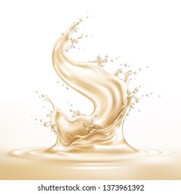 Realistic vanilla splash with drops. Sweet liquid explosion for yogurt, creamy product package design. Vector splashing milk, white liquid in motion. Juicy dessert, fresh summer drink design.