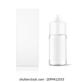 Realistic vape bottle mockup with cardboard packaging box isolated on white background.Vector illustration. Can be used to present cigarette liquid, medical and other needs. EPS10.	