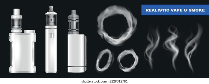 Realistic vape set with isolated icons of smoke circles and puffs with vaping devices and text vector illustration