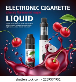 Realistic vape shop poster. 3d electronic cigarette with cherry taste liquid, juicy berries and splash, vaporizer marketing banner, 3d isolated elements advertising template utter vector concept