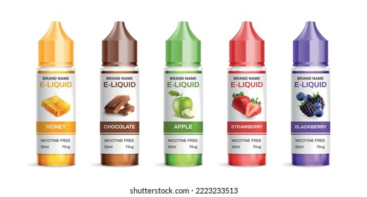 Realistic vaping flavored e-liquid set with five isolated images of colorful jars with smoking disposable vector illustration