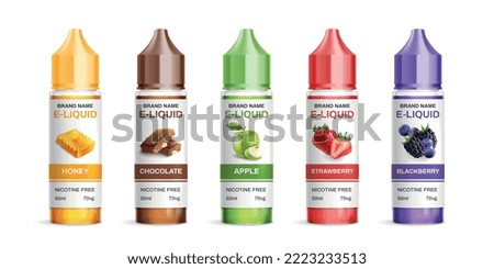 Realistic vaping flavored e-liquid set with five isolated images of colorful jars with smoking disposable vector illustration