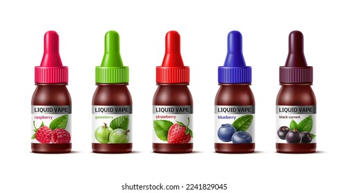 Realistic vaping tastes. Fruit flavours, packaging and label design, vaporizer liquids in bottles, various fragrances, blueberry cherry and raspberry, 3d isolated elements, utter vector set