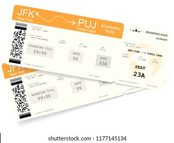 Realistic variant of boarding pass ticket for travel by airplane. Isolated on white. Vector illustration. The boarding pass contains fictitious data in the text