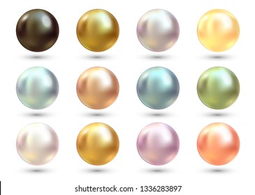 Realistic varicoloured pearls vector set. Precious pearl in sphere form. Pearl is luxury glossy stone illustration