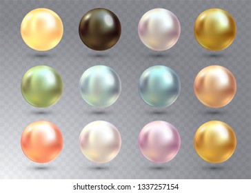 Vector de perlas varicoladas realistas sobre fondo transparente. Perla preciosa en forma de esfera. Pearl es una lujosa ilustración de piedra brillante