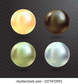 Realistic varicoloured pearls vector set on transparent background. Precious pearl in sphere form. Pearl is luxury glossy stone illustration