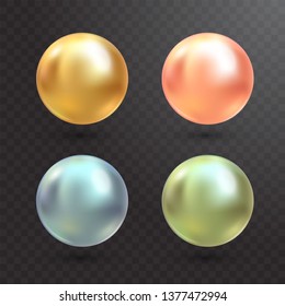 Realistic varicoloured pearls vector set on transparent background. Precious pearl in sphere form. Pearl is luxury glossy stone illustration