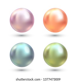 Realistic varicoloured pearls vector set. Precious pearl in sphere form. Pearl is luxury glossy stone illustration