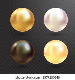 Realistic varicoloured pearls vector set on transparent background. Precious pearl in sphere form. Pearl is luxury glossy stone illustration