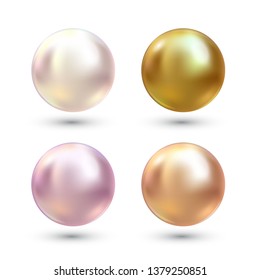 Realistic varicoloured pearls vector set. Precious pearl in sphere form. Pearl is luxury glossy stone illustration