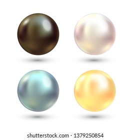 Realistic varicoloured pearls vector set. Precious pearl in sphere form. Pearl is luxury glossy stone illustration
