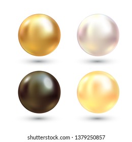 Realistic varicoloured pearls vector set. Precious pearl in sphere form. Pearl is luxury glossy stone illustration