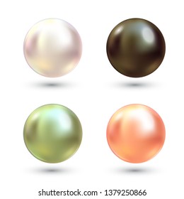 Realistic varicoloured pearls vector set. Precious pearl in sphere form. Pearl is luxury glossy stone illustration