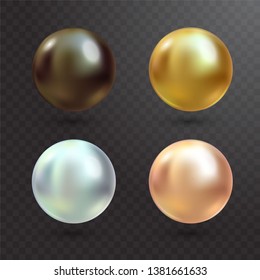 Realistic varicoloured pearls vector set on transparent background. Precious pearl in sphere form. Pearl is luxury glossy stone illustration