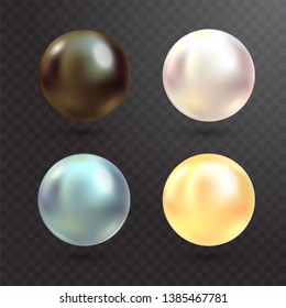 Realistic varicoloured pearls vector set on transparent background. Precious pearl in sphere form. Pearl is luxury glossy stone illustration