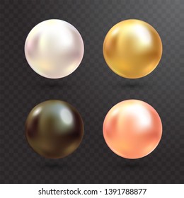 Realistic varicoloured pearls vector set on transparent background. Precious pearl in sphere form. Pearl is luxury glossy stone illustration