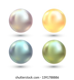 Realistic varicoloured pearls vector set. Precious pearl in sphere form. Pearl is luxury glossy stone illustration