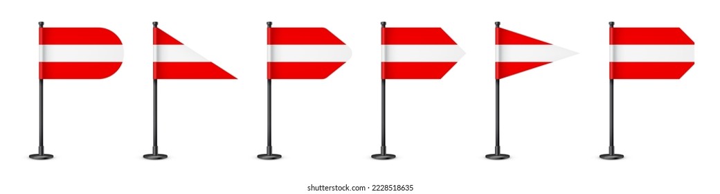 Realistic various Austrian table flags on a black steel pole. Souvenir from Austria. Desk flag made of paper or fabric, shiny metal stand. Mockup for promotion and advertising. Vector illustration