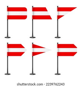 Realistic various Austrian table flags on a black steel pole. Souvenir from Austria. Desk flag made of paper or fabric, shiny metal stand. Mockup for promotion and advertising. Vector illustration