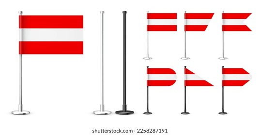 Realistic various Austrian table flags on a chrome steel pole. Souvenir from Austria. Desk flag made of paper or fabric, shiny metal stand. Mockup for promotion and advertising. Vector illustration
