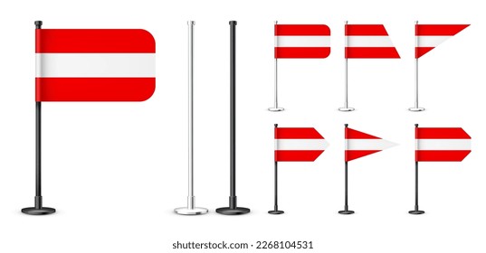 Realistic various Austrian table flags on a black steel pole. Souvenir from Austria. Desk flag made of paper or fabric, shiny metal stand. Mockup for promotion and advertising. Vector illustration