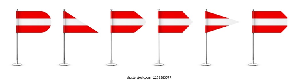 Realistic various Austrian table flags on a chrome steel pole. Souvenir from Austria. Desk flag made of paper or fabric, shiny metal stand. Mockup for promotion and advertising. Vector illustration