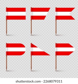 Realistic various Austrian toothpick flags. Souvenir from Austria. Wooden toothpicks with paper flag. Location mark, map pointer. Blank mockup for advertising and promotions. Vector illustration