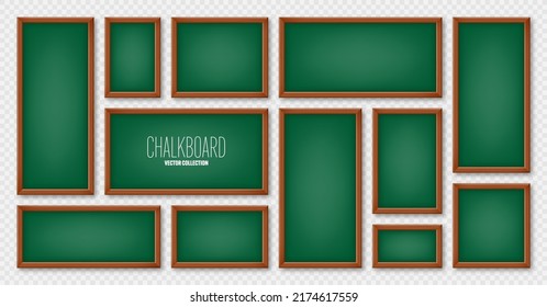 Realistic various chalkboards in a wooden frame. Green restaurant menu board. School blackboard, writing surface for text or drawing. Blank advertising or presentation boards. Vector illustration