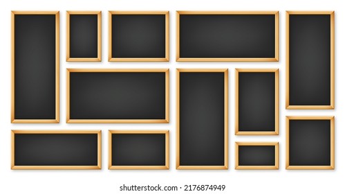 Realistic various chalkboards in a wooden frame. Black restaurant menu board. School blackboard, writing surface for text or drawing. Blank advertising or presentation boards. Vector illustration