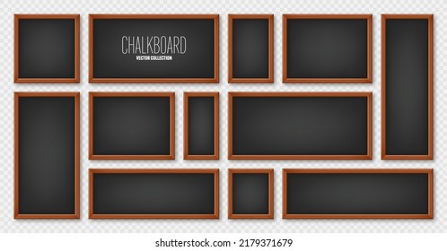 Realistic various chalkboards in a wooden frame. Black restaurant menu board. School blackboard, writing surface for text or drawing. Blank advertising or presentation boards. Vector illustration