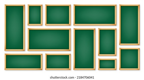 Realistic various chalkboards in a wooden frame. Green restaurant menu board. School blackboard, writing surface for text or drawing. Blank advertising or presentation boards. Vector illustration