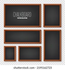 Realistic various chalkboards in a wooden frame. Black restaurant menu board. School blackboard, writing surface for text or drawing. Blank advertising or presentation boards. Vector illustration