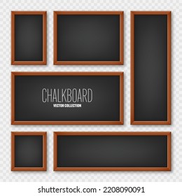 Realistic various chalkboards in a wooden frame. Black restaurant menu board. School blackboard, writing surface for text or drawing. Blank advertising or presentation boards. Vector illustration