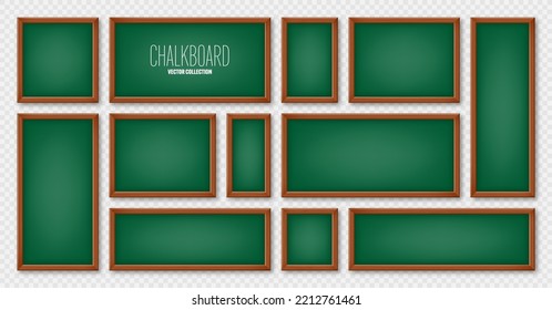 Realistic various chalkboards in a wooden frame. Green restaurant menu board. School blackboard, writing surface for text or drawing. Blank advertising or presentation boards. Vector illustration